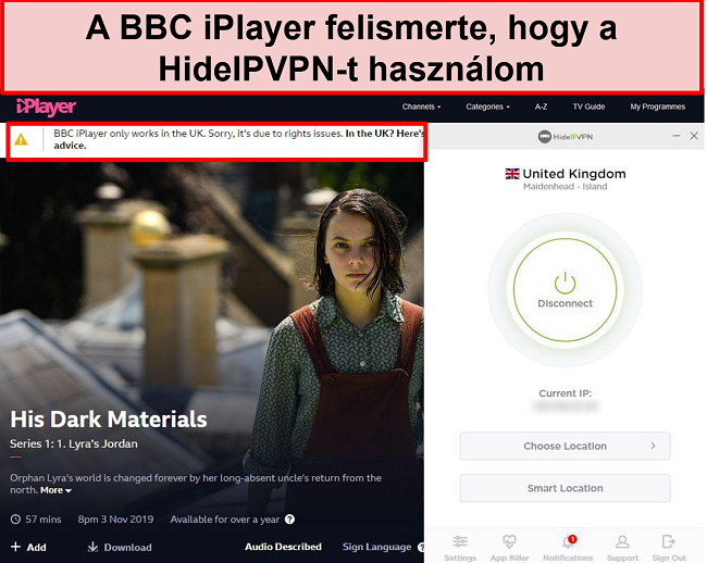 Pillanatkép a BBC iPlayer hibáról, amikor észleli, hogy nem az Egyesült Királyságban tartózkodik.