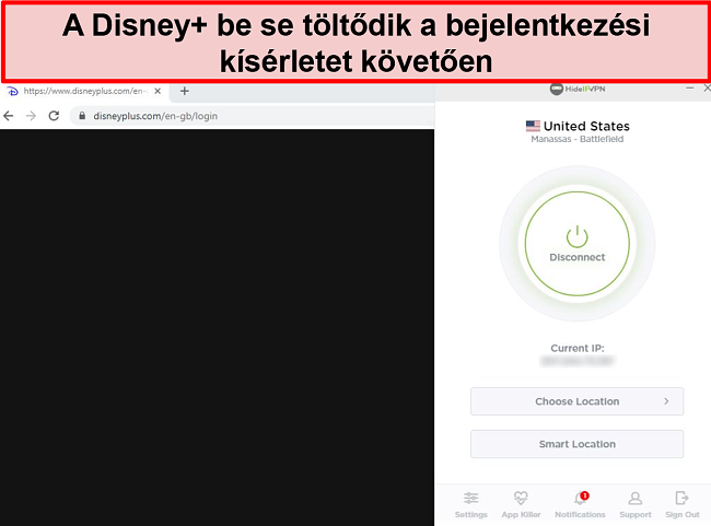Pillanatkép arról, hogy a HideIPVPN nem érte el a Disney + alkalmazást.