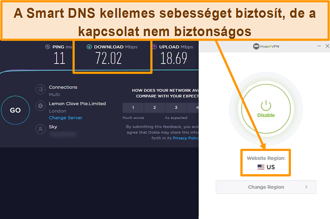 Pillanatkép a HideIPVPN Smart DNS sebességtesztről.