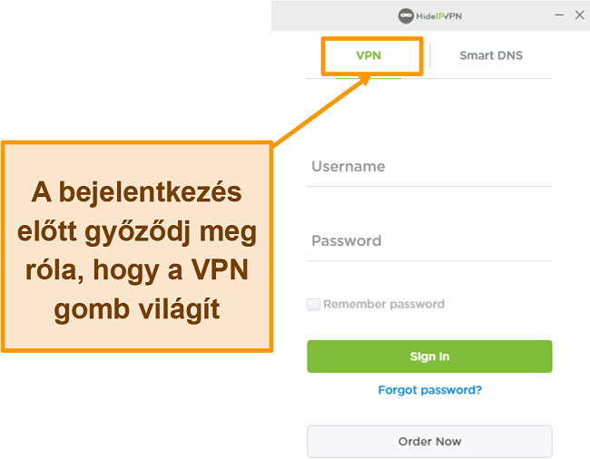 Képernyőkép a HideIPVPN asztali bejelentkezési képernyőről.