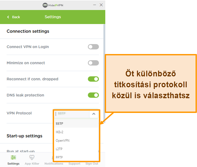 Pillanatkép a HideIPVPN titkosítási protokollokról.