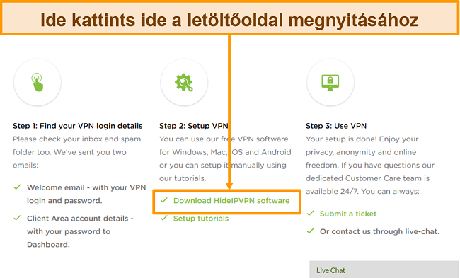 Pillanatkép a HideIPVPN fiók létrehozásának folyamatáról, ahol a folytatáshoz a 