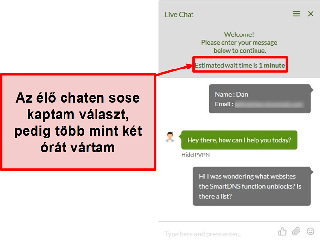 Pillanatkép arról, hogy a HideIPVPN élő csevegés nem válaszol.