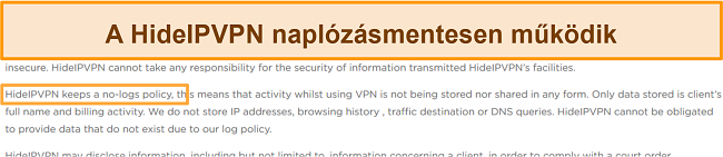 Pillanatkép a HideIPVPN napló nélküli házirendjéről.