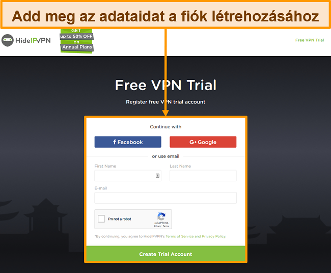 Pillanatkép a HideIPVPN fiók létrehozásának folyamatáról.