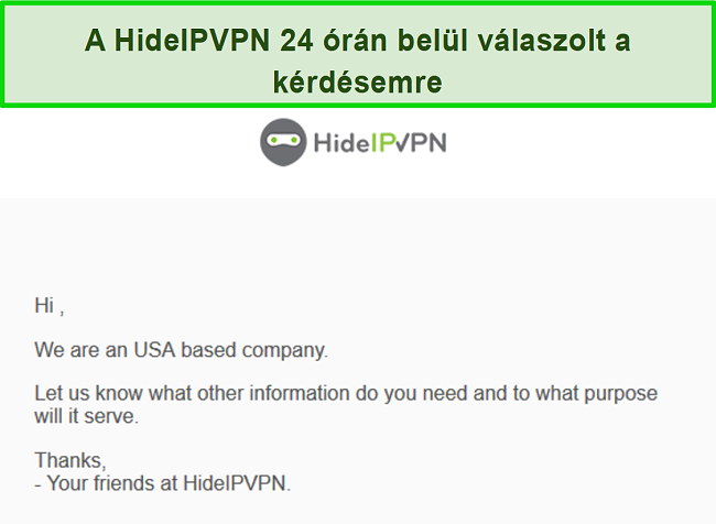 Pillanatkép a HideIPVPN e-mailes támogatásáról.