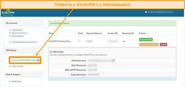 Pillanatkép a SlickVPN fiókról letöltési lehetőséggel