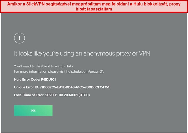 Pillanatkép a SlickVPN-ről, amelyet Hulu blokkolt