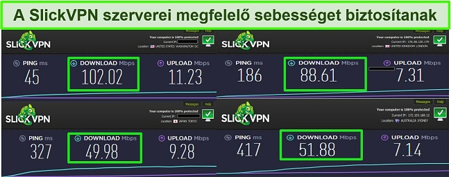 Pillanatkép 4 különböző sebességtesztről, miközben csatlakoznak a SlickVPN szerverekhez