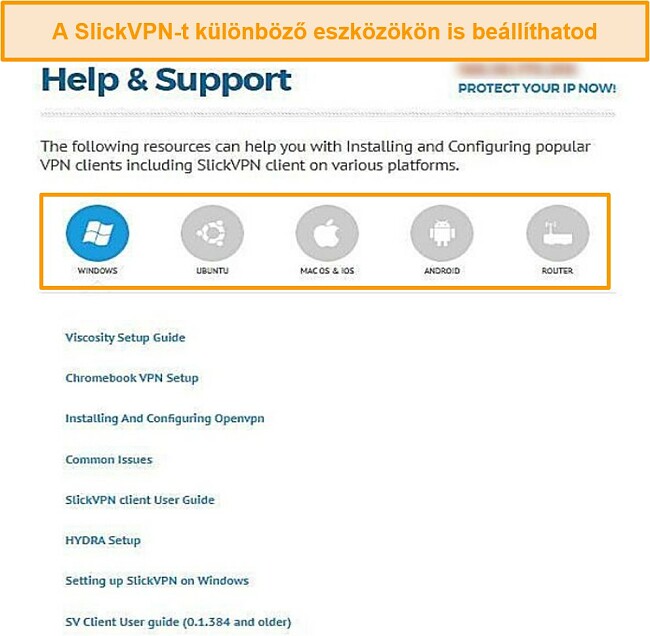 A SlickVPN támogatási útmutatójának képernyőképe