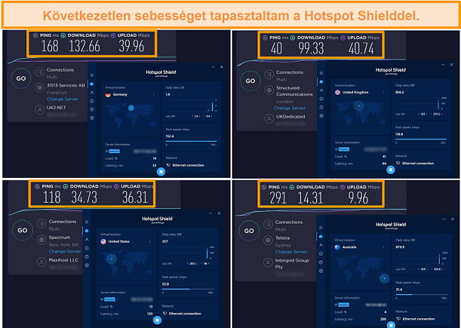 Pillanatkép a Hotspot Shield sebességtesztjeiről Németországból, az Egyesült Királyságból, az Egyesült Államokból és Ausztráliából