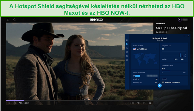 Pillanatkép arról, hogy a Hotspot Shield feloldotta a Westworld blokkolását az HBO Max-on.