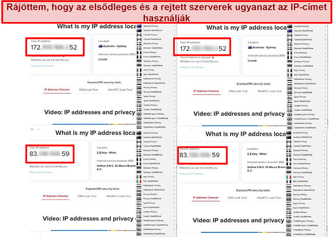 Képernyőkép a My Expat Network elsődleges és lopakodó szervereiről, amelyek ugyanazt az IP-címet adják meg