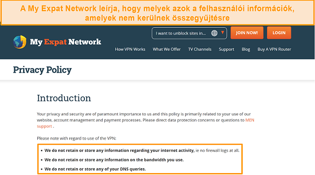 Screenshot of My Expat Network's privacy policy