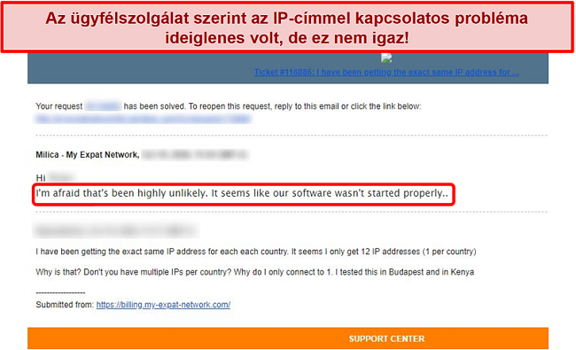 Pillanatkép a My Expat Network e-mail válaszáról, amely magyarázatot ad egy IP-cím problémájára