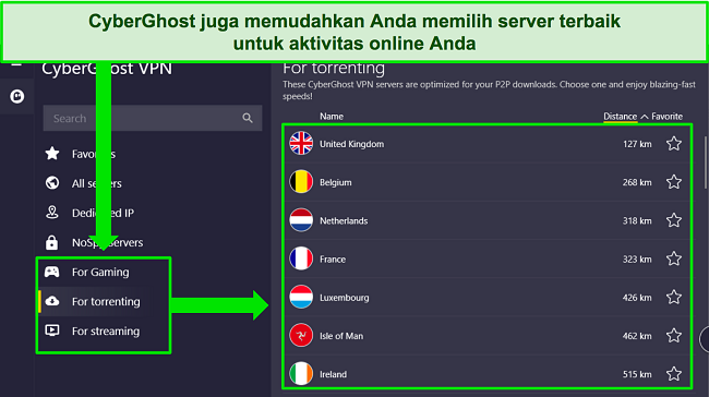 Cuplikan layar aplikasi Windows CyberGhost, menyoroti pemilihan server yang dioptimalkan.