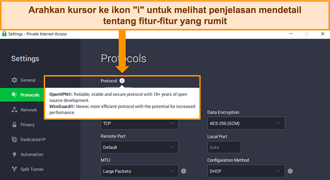 Cuplikan layar aplikasi Windows PIA pada menu Protokol, menampilkan penjelasan mendetail tentang fitur saat mengarahkan kursor ke ikon informasi 