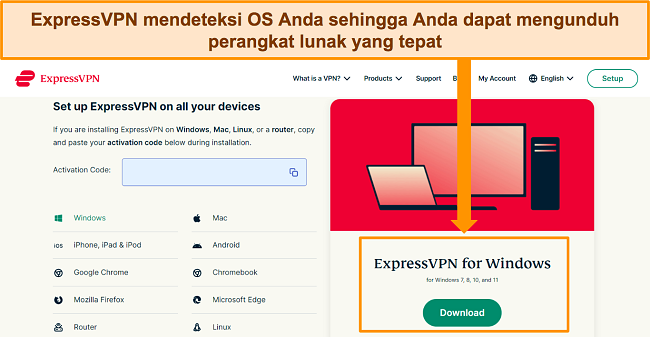 Cuplikan layar halaman unduhan perangkat lunak ExpressVPN di situs webnya.