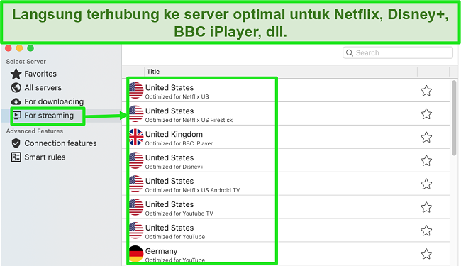 Tangkapan layar tab Streaming di aplikasi CyberGhost untuk Mac