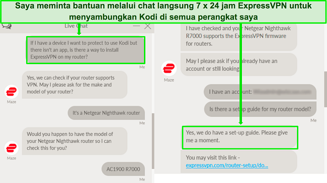 Cuplikan layar pertukaran dengan dukungan obrolan langsung ExpressVPN tentang penggunaan ExpressVPN di router untuk bekerja dengan Kodi