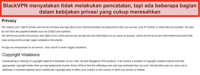 Tangkapan layar dari bagian Pelanggaran Privasi dan Hak Cipta dari Ketentuan Layanan BlackVPN