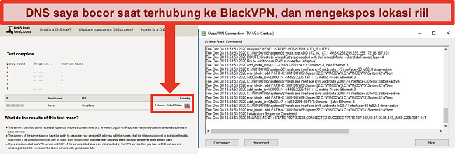 Tangkapan layar dari uji kebocoran DNS yang gagal saat BlackVPN terhubung ke server di AS