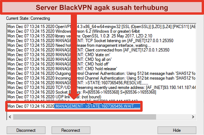 Tangkapan layar BlackVPN mencoba menyambung ke server melalui klien OpenVPN