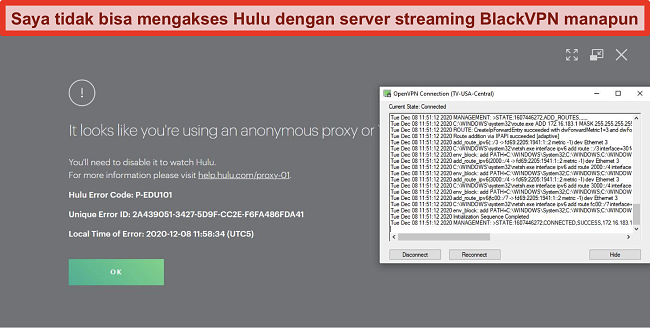 Tangkapan layar kesalahan IP proxy Hulu saat BlackVPN terhubung melalui OpenVPN