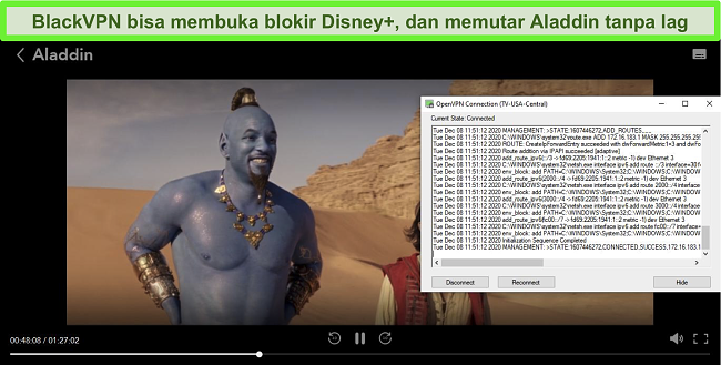 Tangkapan layar Aladdin di Disney + saat BlackVPN terhubung ke server streaming Pusat AS melalui klien OpenVPN