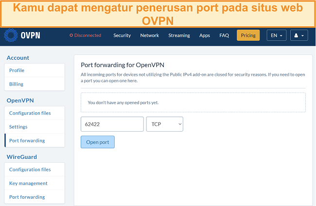Tangkapan layar opsi penerusan port di OVPN