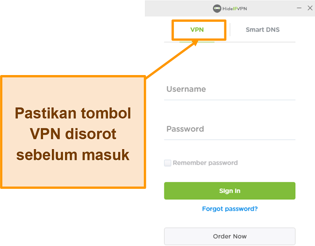 Tangkapan layar dari layar masuk HideIPVPN untuk desktop.