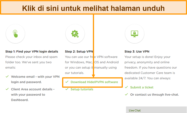 Tangkapan layar dari proses pembuatan akun HideIPVPN, di mana Anda perlu mengeklik 