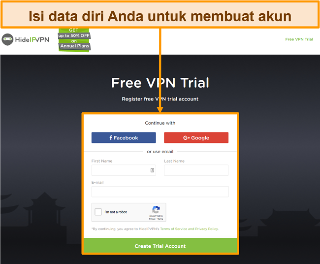 Tangkapan layar dari proses pembuatan akun HideIPVPN.