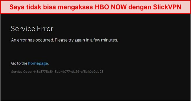 Tangkapan layar SlickVPN diblokir oleh HBO SEKARANG