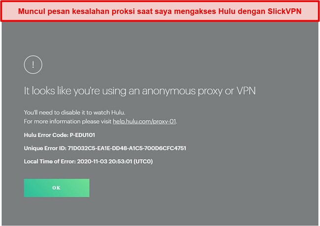 Tangkapan layar SlickVPN diblokir oleh Hulu