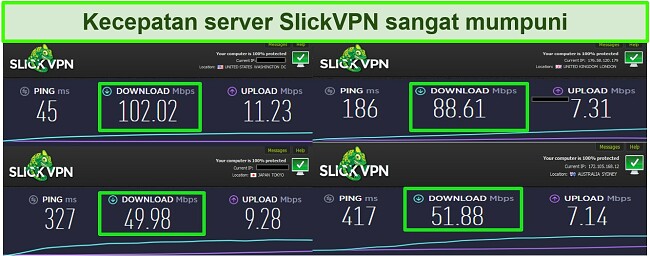 Tangkapan layar dari 4 uji kecepatan berbeda saat terhubung ke server SlickVPN
