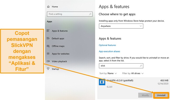 Tangkapan layar menunjukkan cara mencopot SlickVPN melalui menu Aplikasi & Fitur.