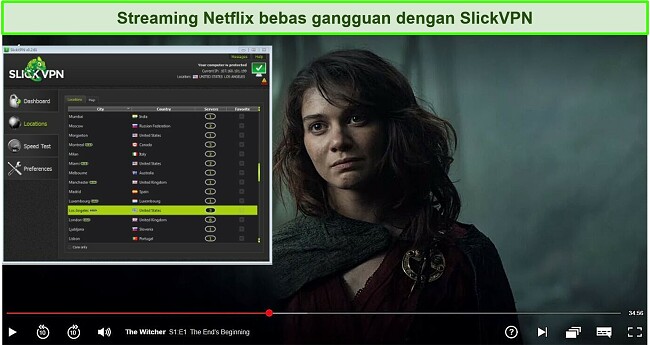Tangkapan layar dari SlickVPN yang membuka blokir Netflix