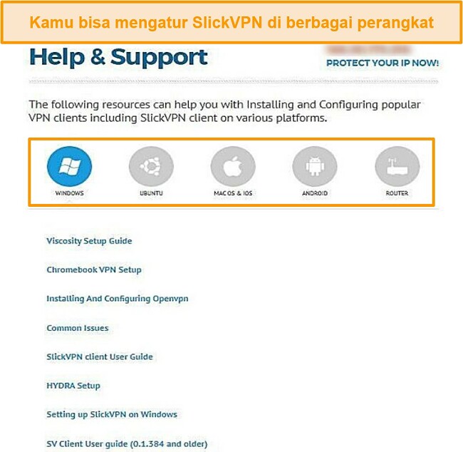 Tangkapan layar dari panduan dukungan SlickVPN