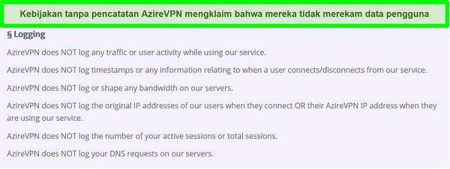 Tangkapan layar kebijakan tanpa pencatatan AzireVPN