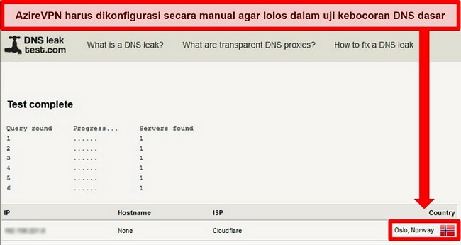  Tangkapan layar dari uji kebocoran DNS yang berhasil