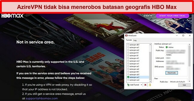 Tangkapan layar kesalahan proxy HBO Max saat terhubung ke AzireVPN melalui WireGuard