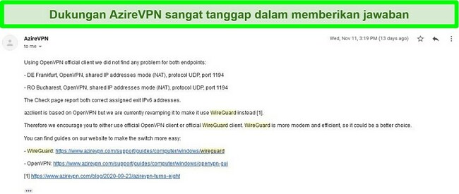 Tangkapan layar dukungan AzireVPN yang menanggapi tiket permintaan bantuan