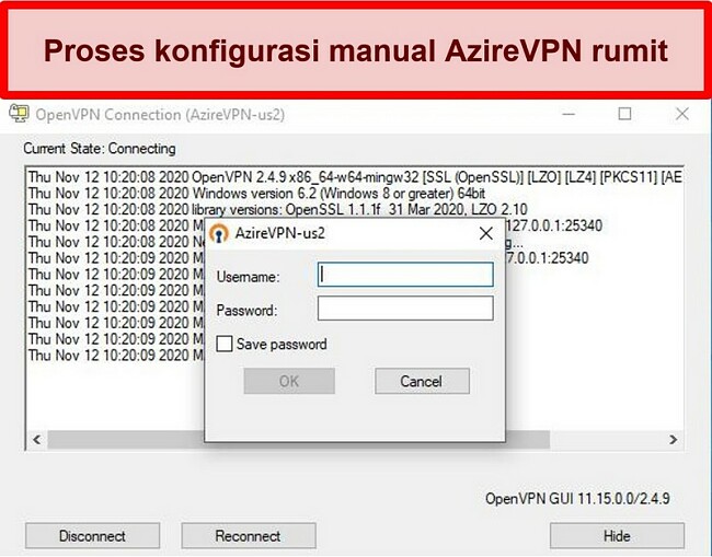 Tangkapan layar dari prompt login AzireVPN saat menggunakan klien OpenVPN