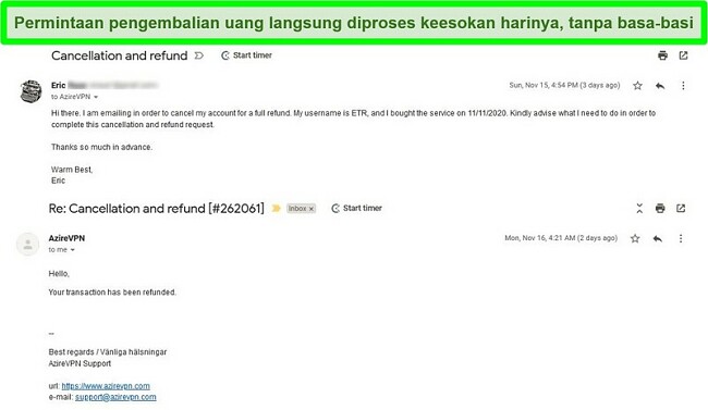 Tangkapan layar dari utas email yang menunjukkan proses pembatalan dan pengembalian dana AzireVPN