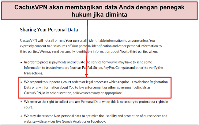 Tangkapan layar dari kebijakan privasi CactusVPN yang menunjukkan bahwa mereka akan menyerahkan data Anda