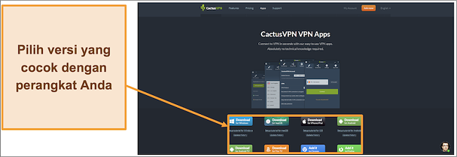Tangkapan layar menunjukkan tempat mengunduh versi CactusVPN yang Anda inginkan dari situs webnya