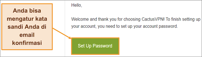 Tangkapan layar yang menunjukkan email konfirmasi dari CactusVPN untuk membuat kata sandi untuk akun Anda