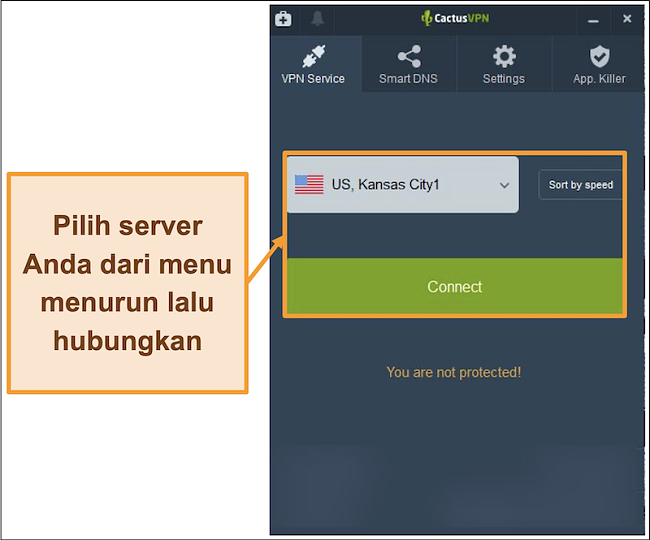 Tangkapan layar antarmuka CactusVPN yang menampilkan menu tarik-turun pemilihan server