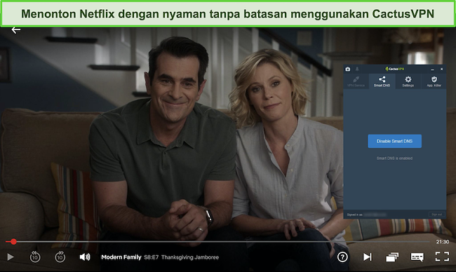 Tangkapan layar Keluarga Modern berhasil streaming di Netflix dengan CactusVPN terhubung